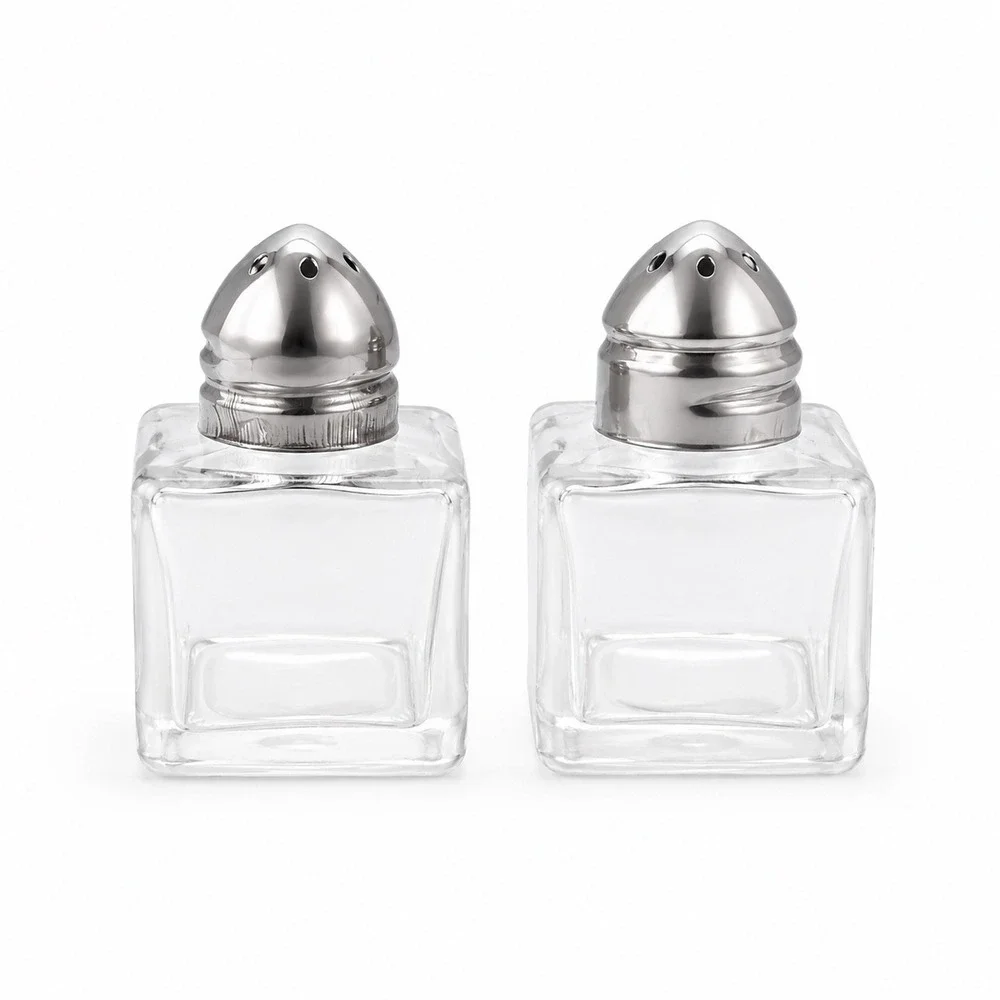 Square‎ Glass Salt and Pepper Shakers Set Chrome Metal Lids Clear Kitchen Dining
